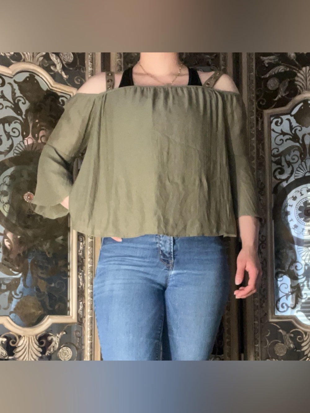 Harlowe & Graham Olive Green Cold-Shoulder Blouse